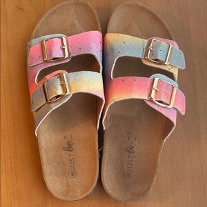 just be Rainbow Glitter Double-Buckle Sandals in Pink, Yellow & Blue